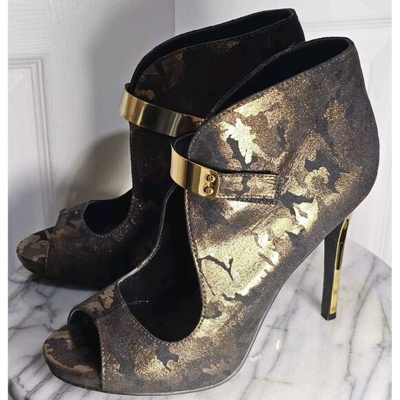 Fergie Remix Peep Toe Dress Pump Bronz Metallic Camouflage Hook Loop US 7.5M - Picture 3 of 10